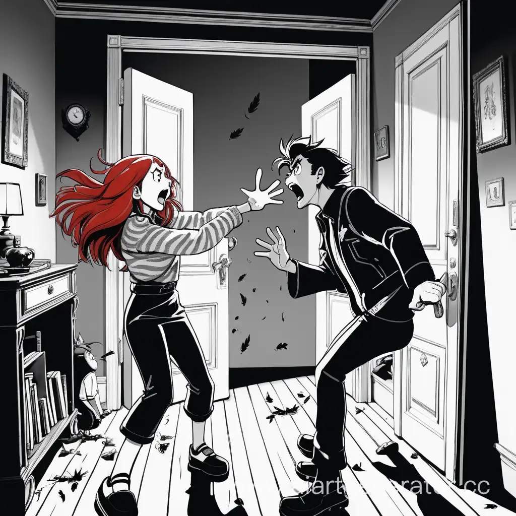 Black and white noir with an emphasis on hair, that is, everything is black and white except the hair of the characters. The couple is fighting. A red-haired girl with a square, in a rage, screams at a green-haired guy who looks pityingly at the floor. This is happening in their apartment. The girl throws up her hands and slams the door and leaves. The guy looks after her sadly. In anime style