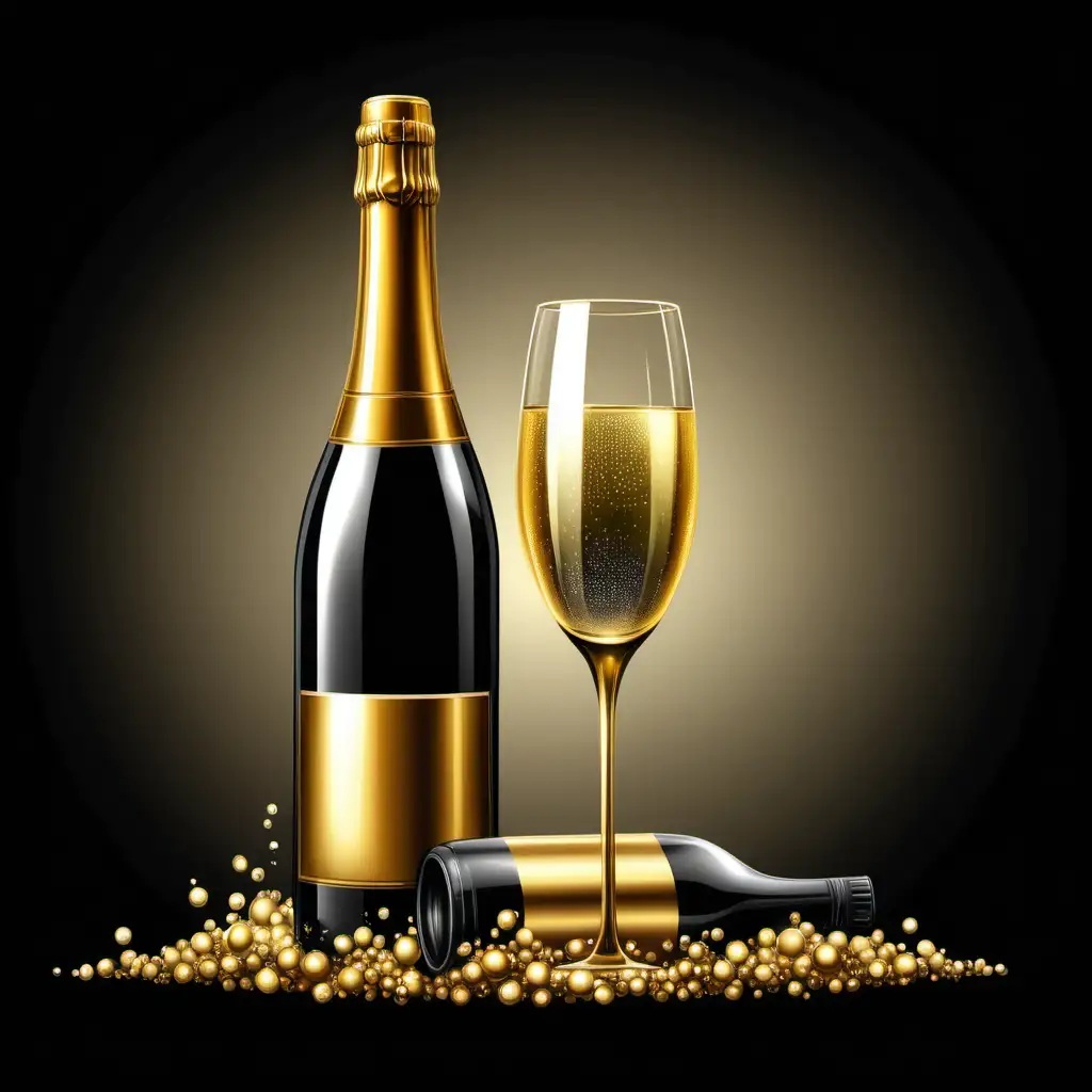 Elegant Gold and Black Champagne Setting with Wine Glass Illustration