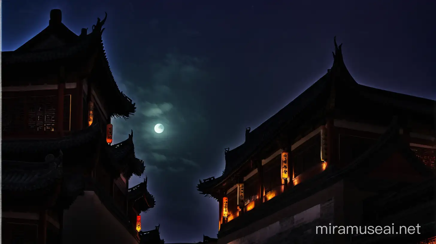 夜晚，月亮很大，彩云，中国古代汉朝街道，街上完全没有任何人。
古建筑，包括一层和两层的，几乎没有灯。
整个画面调亮一点，建筑要再亮些