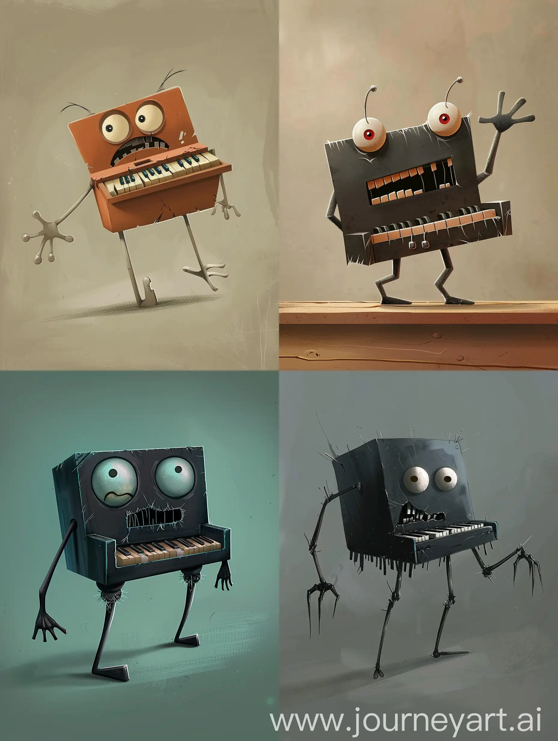 Create a animated character designs  for a little piano with broken keys, two legs, one hand, and expressive eyes