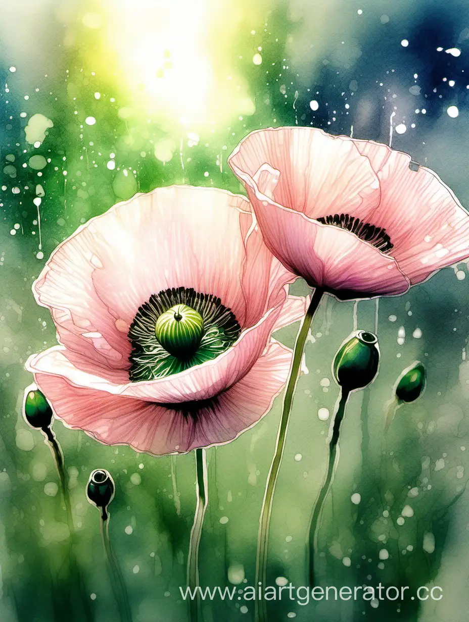 Blush-Pink-and-Gold-Poppies-in-a-Sea-of-Greens-AwardWinning-Makoto-ShinkaiInspired-Watercolor