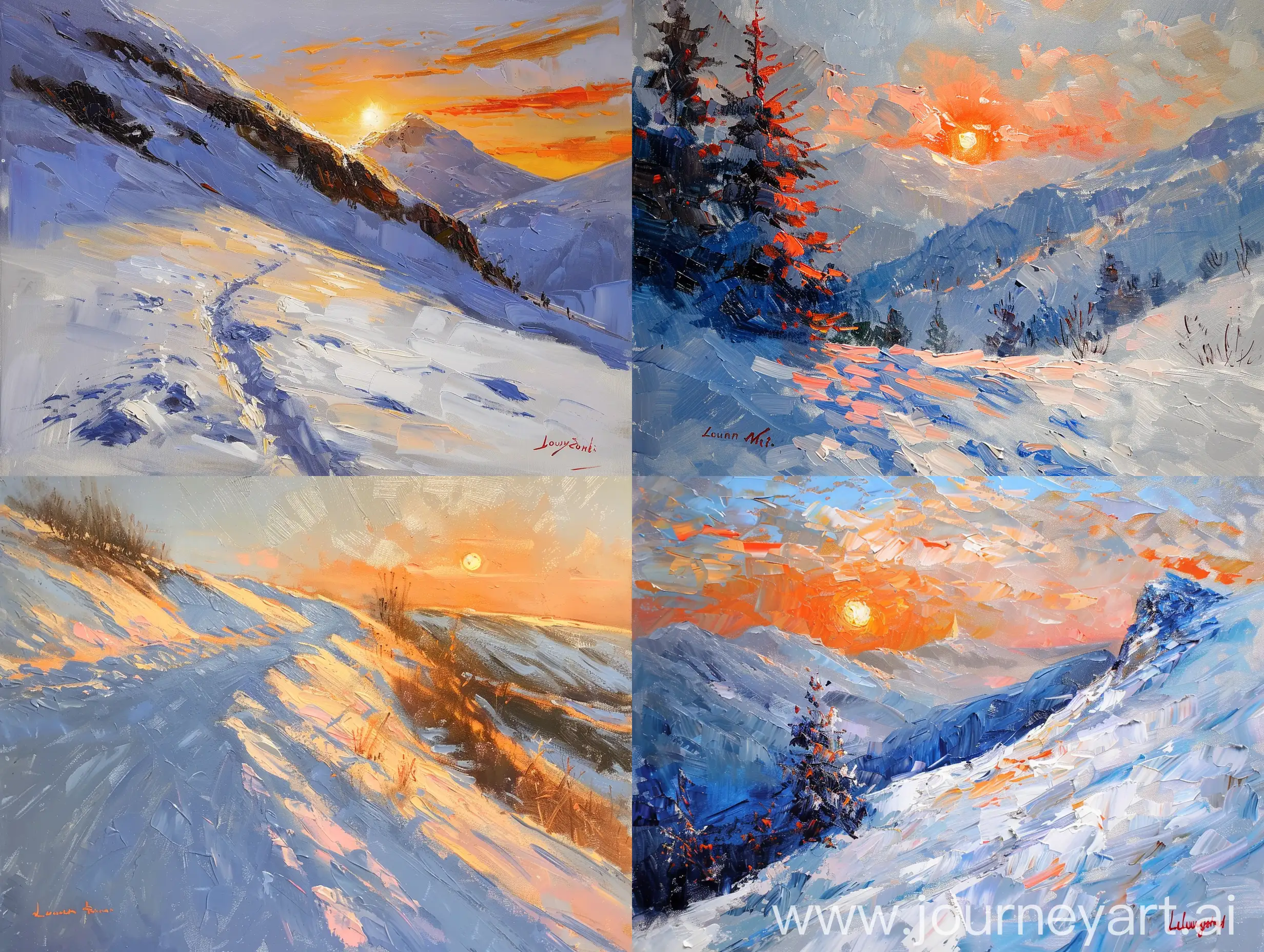 Painting in the style of Louis Aston Knight, The sun rises over a snowy mountain, orange sunlight hits the snowy mountain, orange white blue palettes