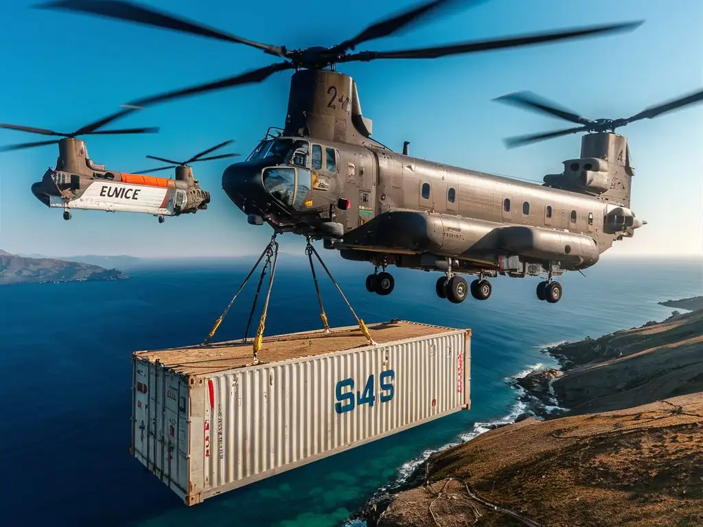 CH47 Helicopters Hoisting Shipping Container and Wind Turbine Tower over Remote Greek Island