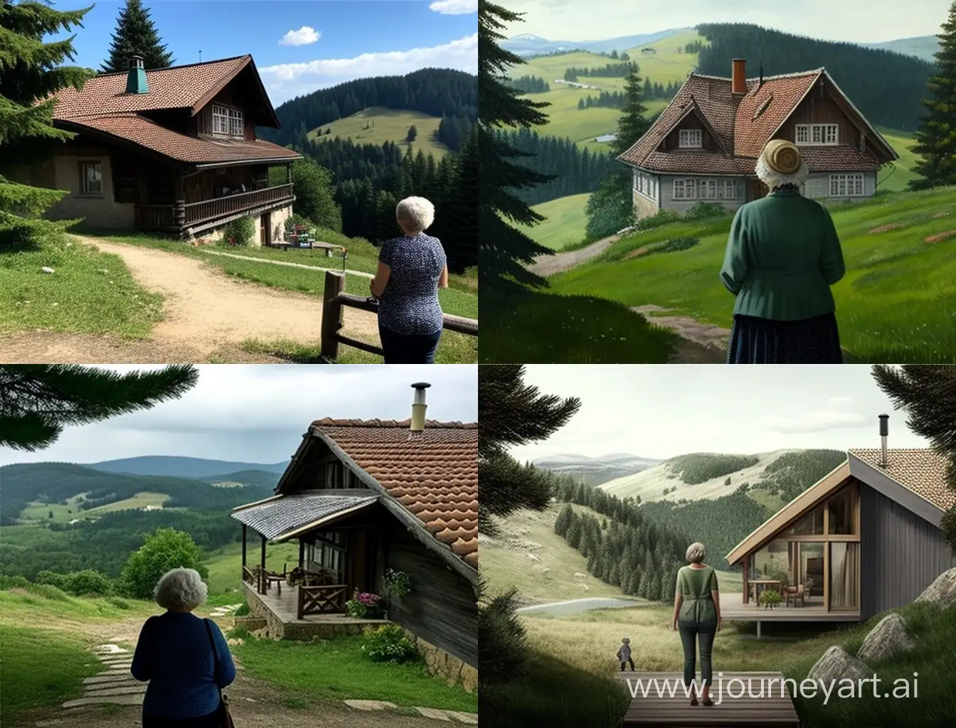 femme de 50 ans de dos au sommet d'une colline devant paysage de collines avec petite maison ancienne en pierres prolongée d'une grande terrasse en bois au rez de chaussée entourée de conifères sur sol vert