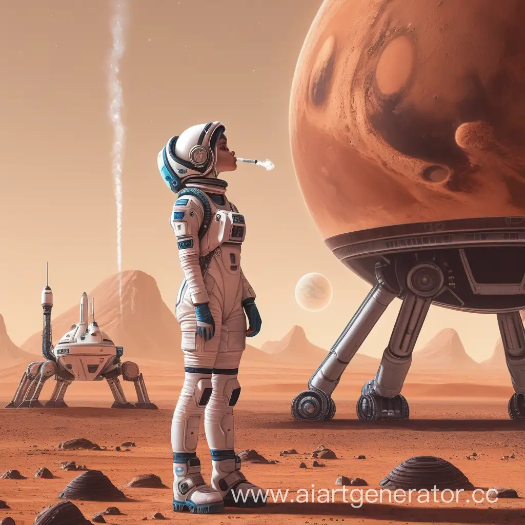 Девушка задумчиво стоит на планете Марс с сигаретой
