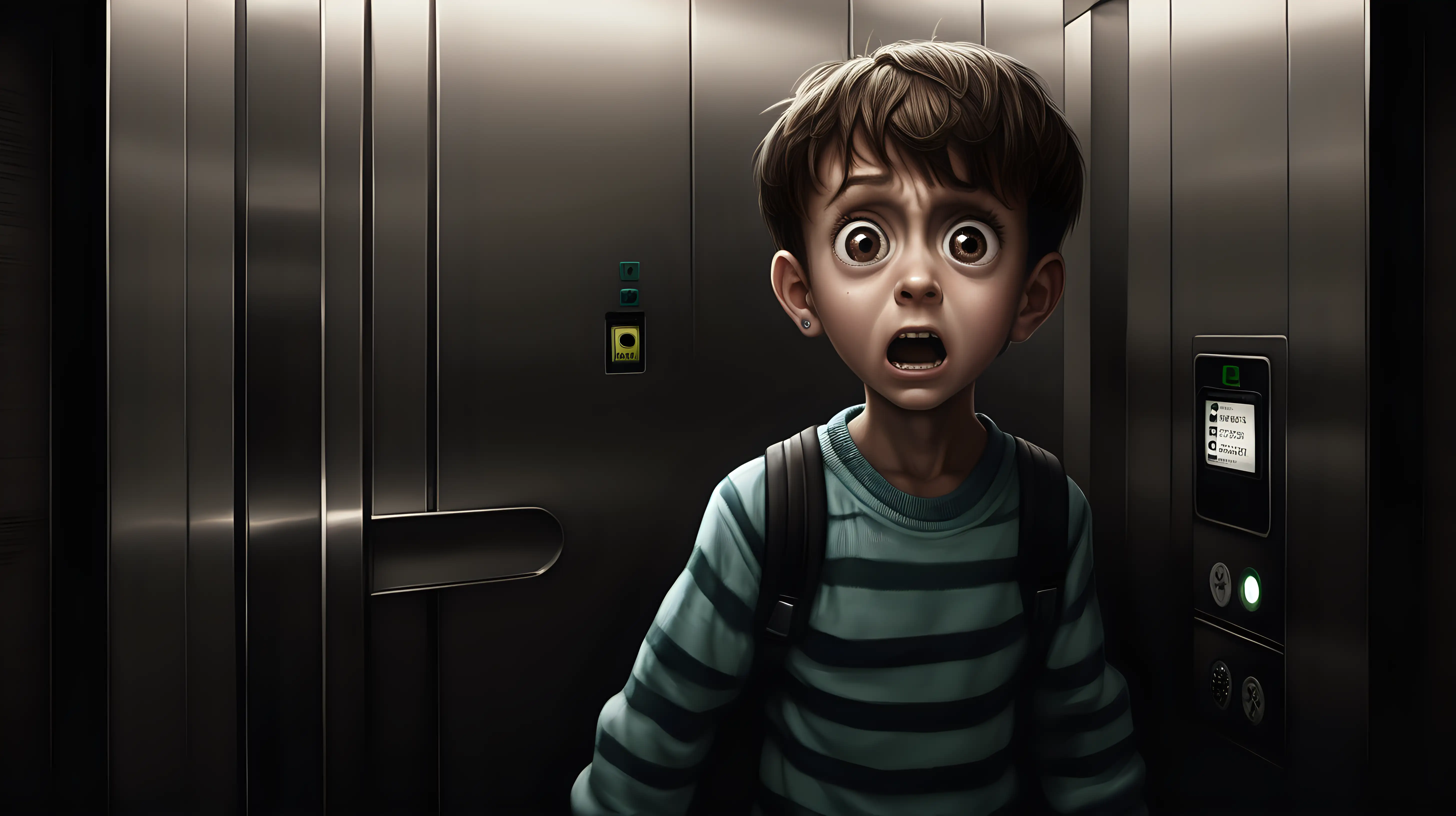 Anxious Child in Dimly Lit Elevator