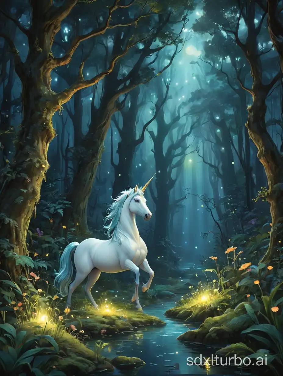 Illustrate a magical forest glade bathed in the ethereal glow of moonlight, where bioluminescent flora illuminate the surroundings, and mythical creatures like unicorns and fairies dance among the ancient trees.
