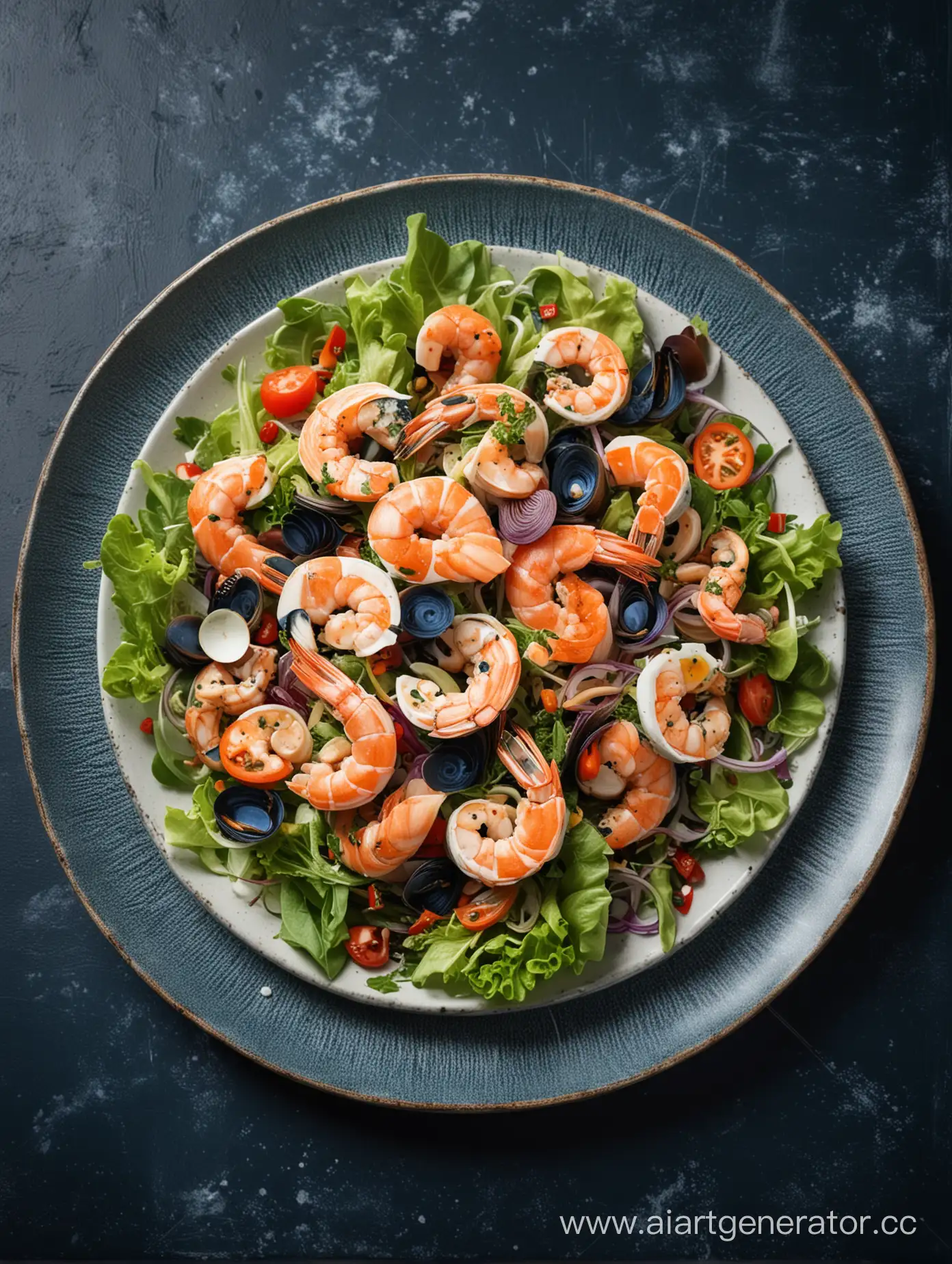 Seaside-Dining-Fresh-Seafood-Salad-on-Elegant-Plate-with-Dark-Blue-Background