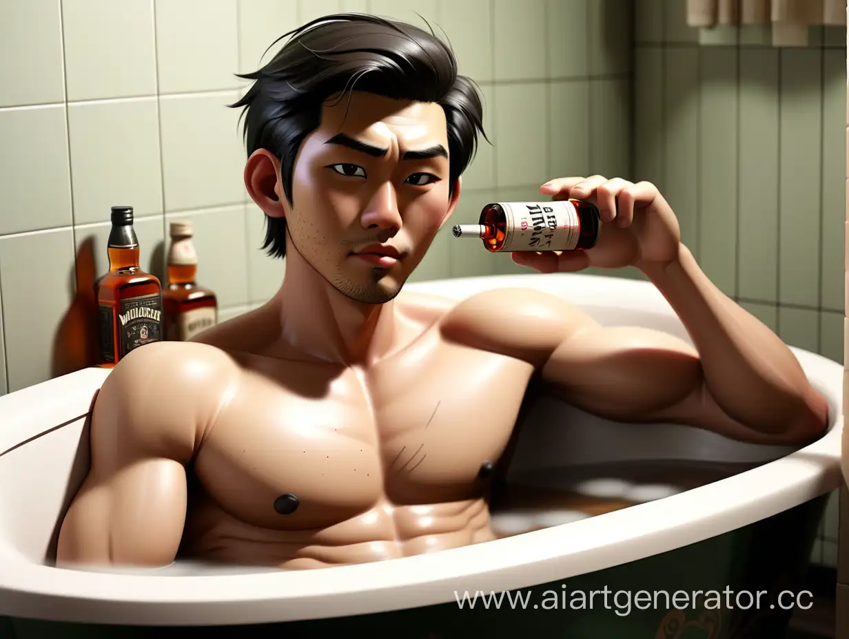 молодой азиат с легкой небритостью на лице и слегка волосатой грудью, с бутылкой виски и сигаретой нежится в ванной