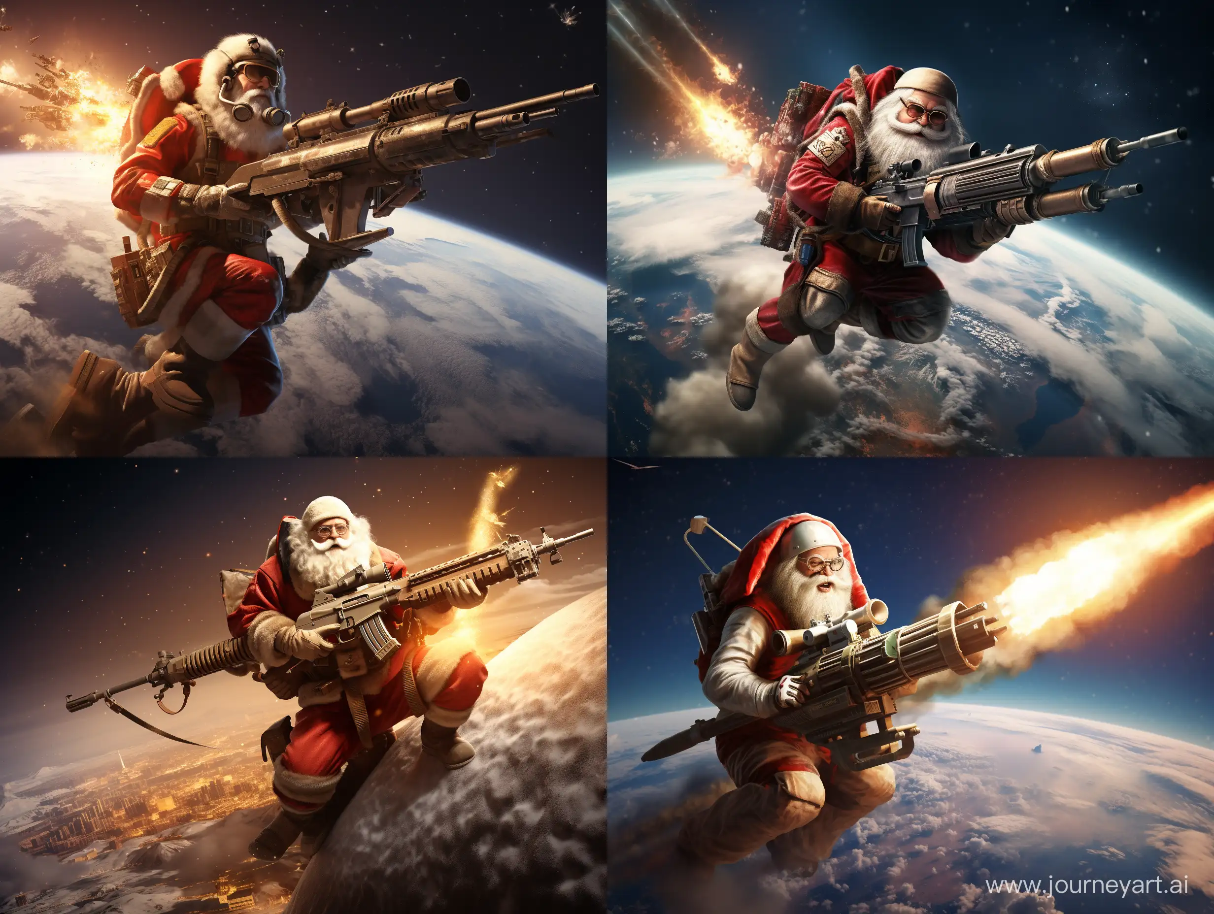 Santa flying a missile over the earth and is heading to usa, santa has an ak47