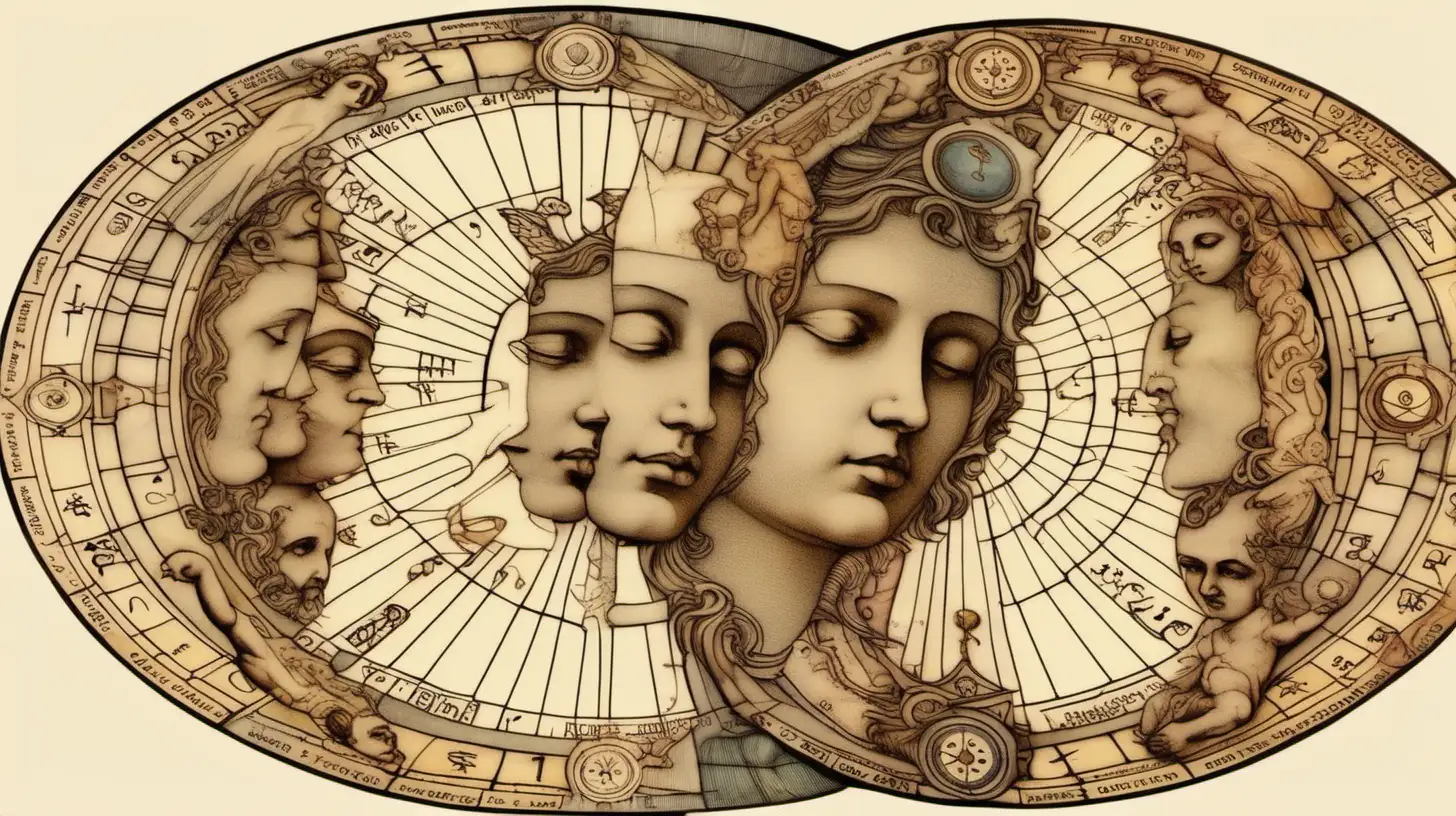 ASTROLOGİCAL WHEEL WİTH TWO HUMAN FACE AND ANGEL WİNGS, MUTED COLORS, LOOSE LİNES