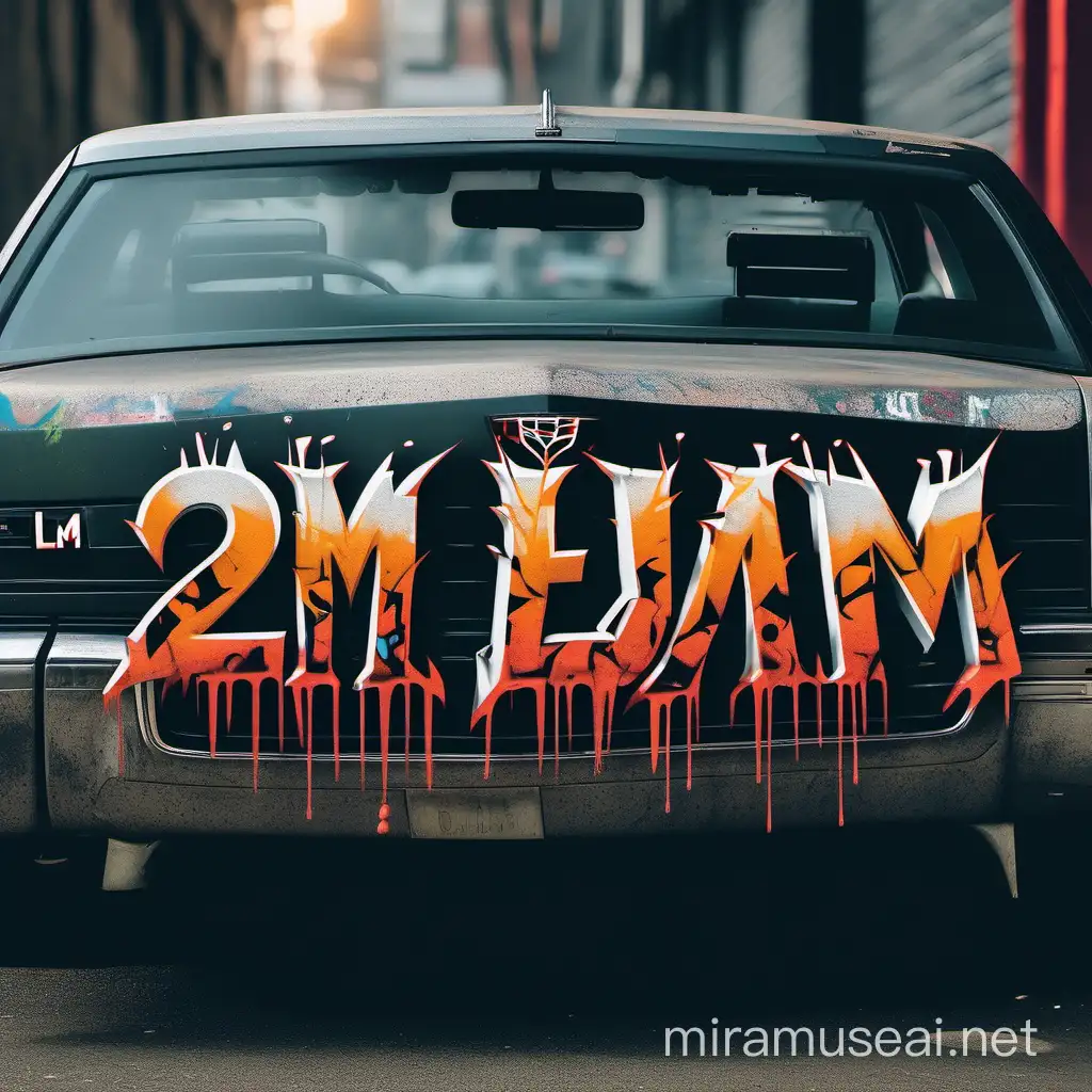 design a logo for 2LM. 2LM stands for 2 Lit Music. is an urban graffiti font. from the inside of a Cadillac the logo 2LM is hanging from the rearview mirror.