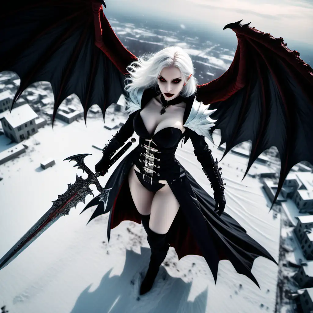 sexy female vampire m with white hair, huge wings and evil sword in her hands floats in sky over a snowy battlefield. The camera is angled down looking from above and behind her