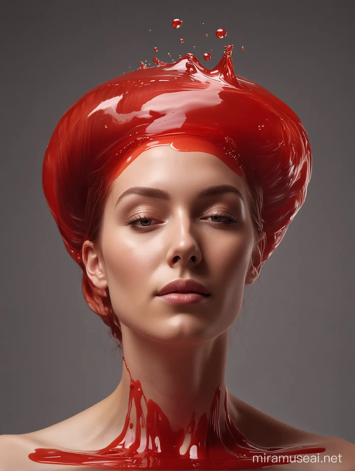 Surreal Floating Womans Head in Red Liquid