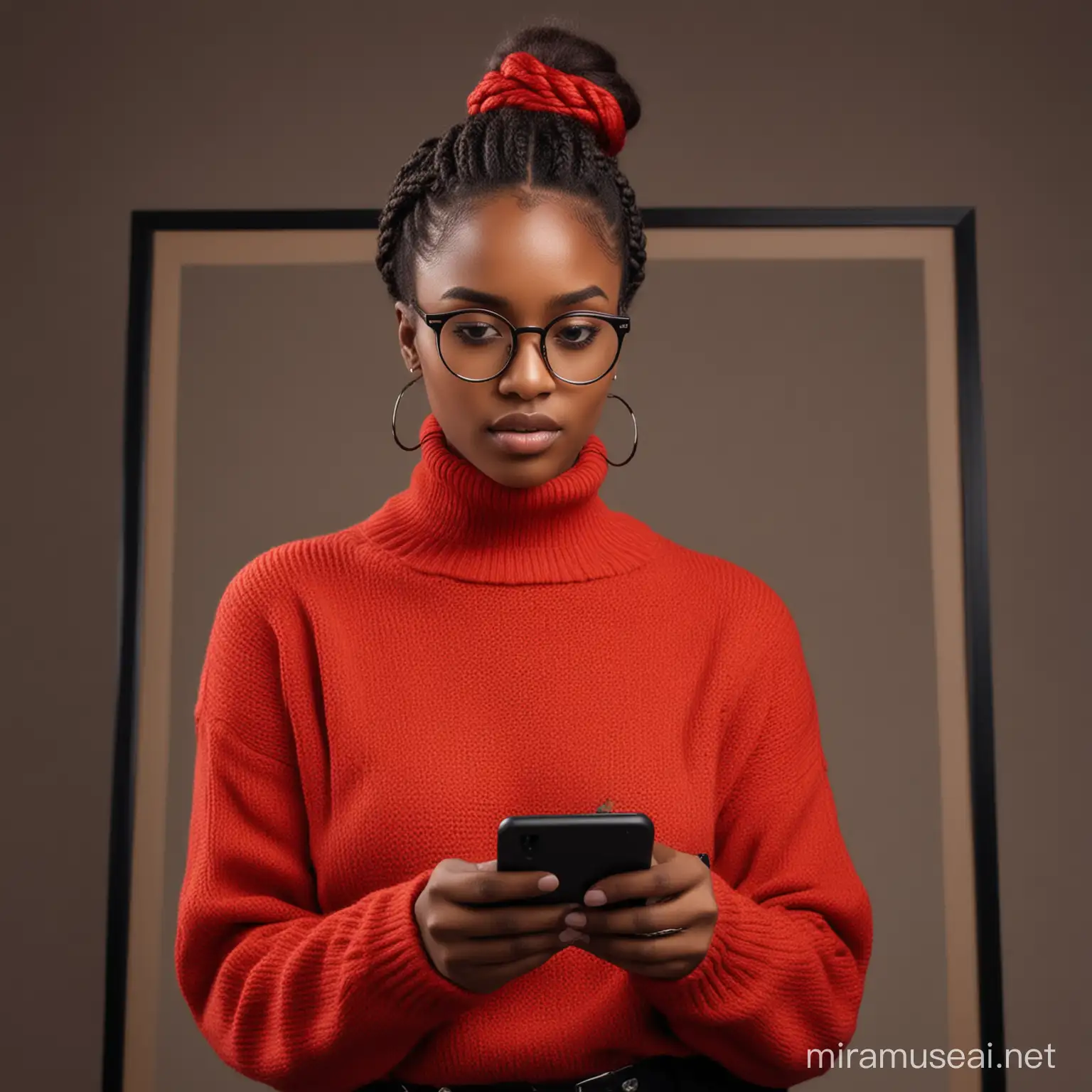 Realistic image of a beautiful 20 years old Africa dark skin lady, braided hair, wearing framed glasses, wearing red turtle neck sweater, with a black trousers, front facing,, looking at a phone, with different facial