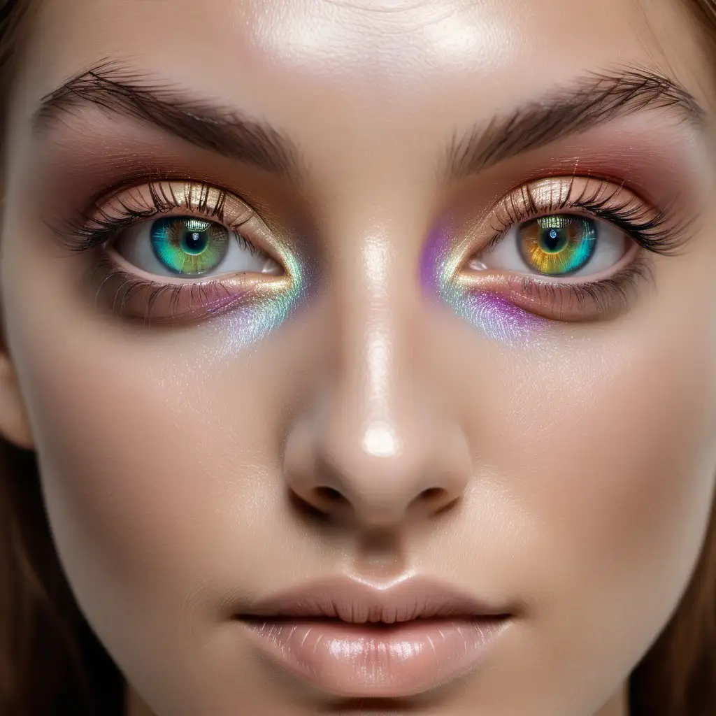 Beautiful iridescent eyes with long eyelashes, almond eyes, woman with Perfect skin, no makeup, front view