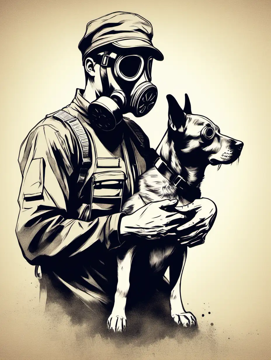 Man with gas mask holding dog sketch