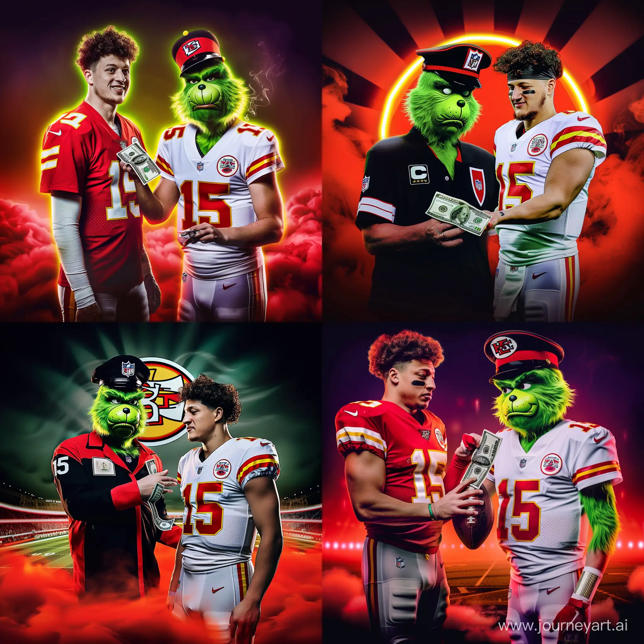 Create an image of (The Grinch in official NFL referee uniform and cap) giving money to (Kansas City Chiefs quarterback number 15 Patrick Mahomes) on the "Super Bowl", field dark neon smokey background