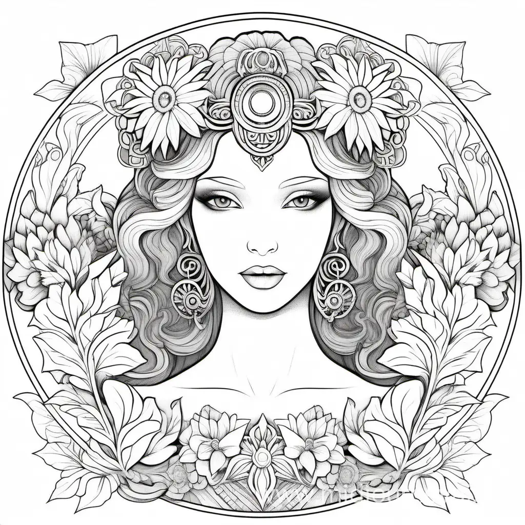 outline image, no greyscale, no color, no shading, 
coloring page style, Goddess and floral patterns