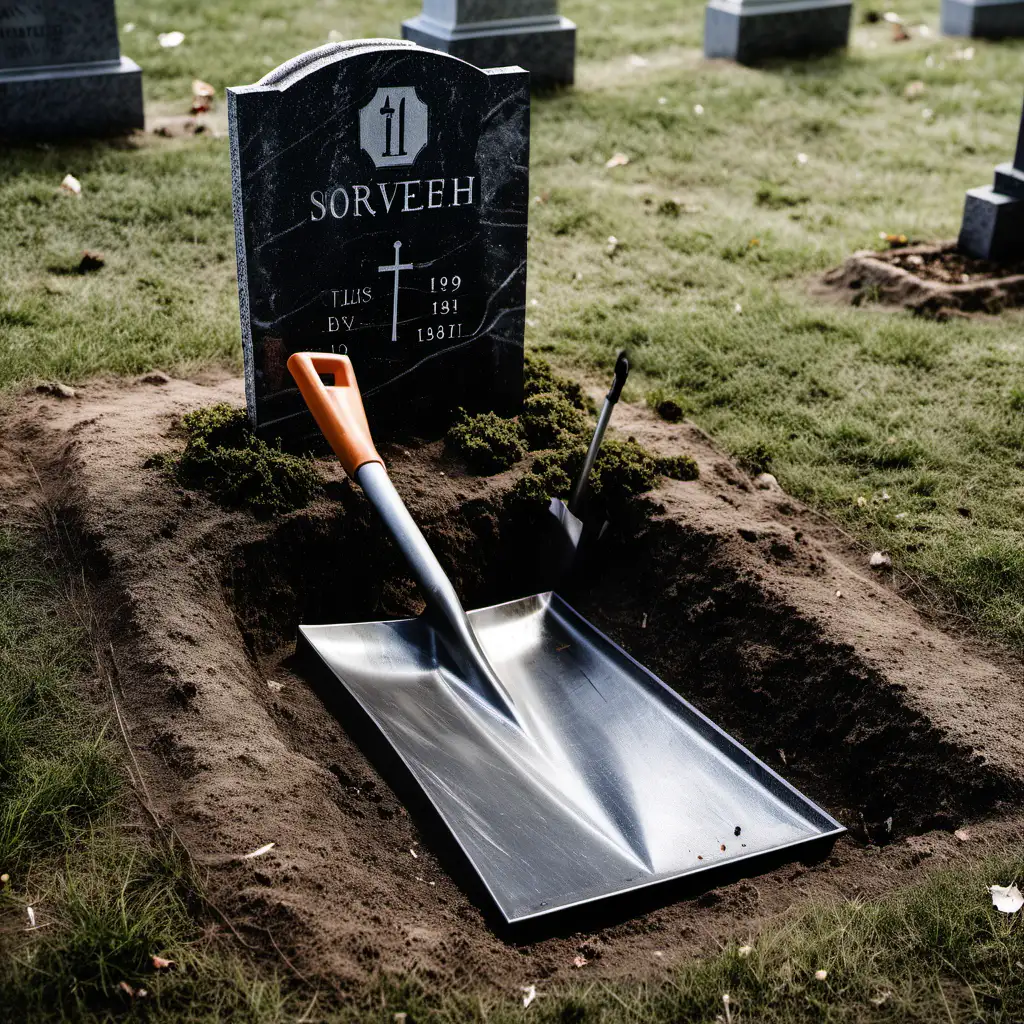 fresh grave with a shovel next to the tombstone