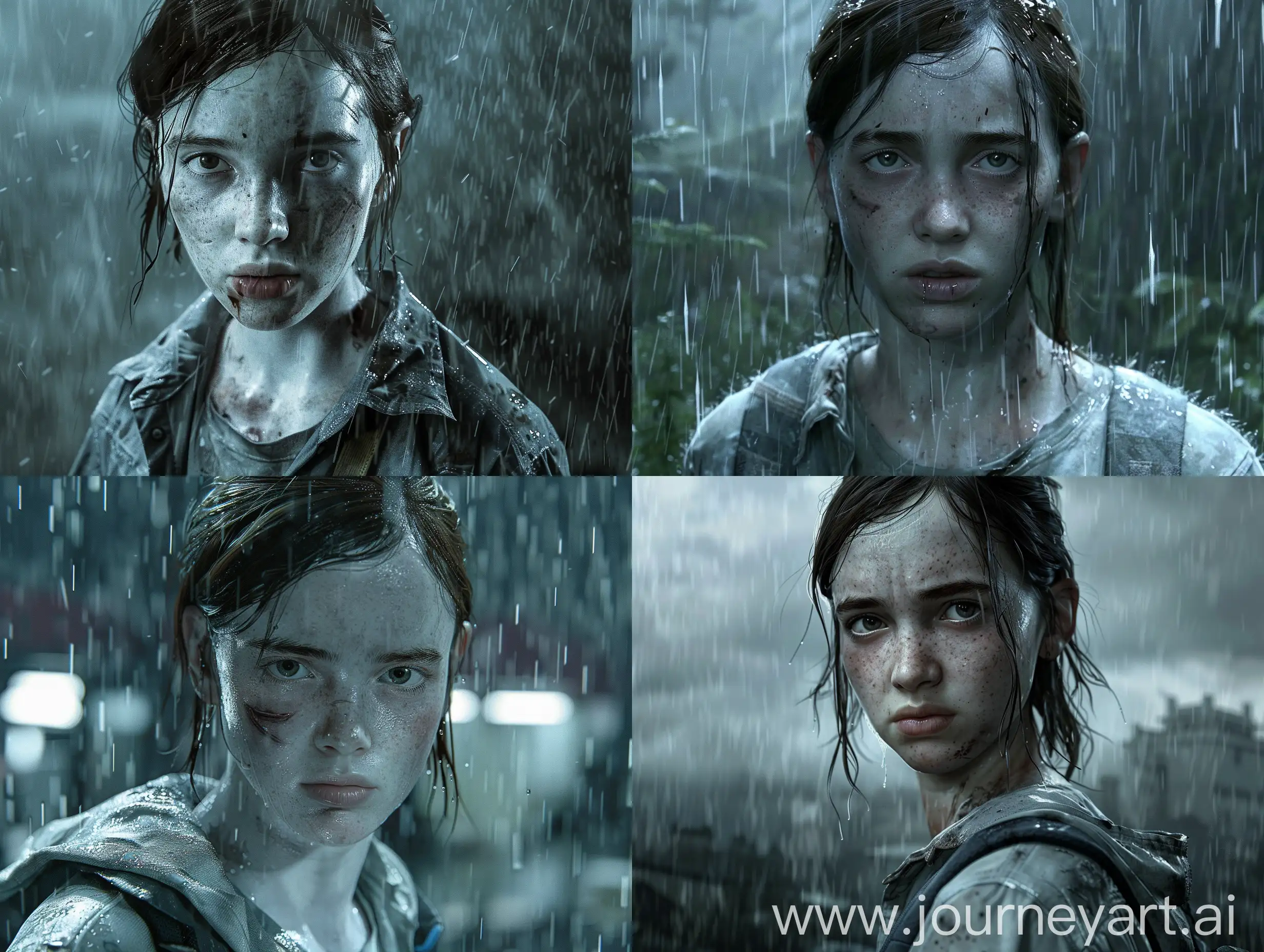Ellie from The Last of Us Part II in a hyper-realistic setting with white skin and a rainy atmosphere, visualized in 8k resolution. This would indeed create a very high-quality and immersive visual examination 