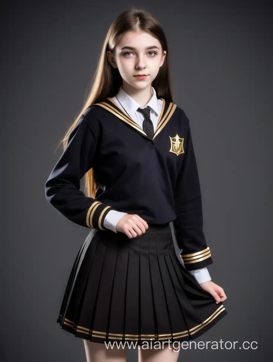 Girl-wizard aged 18 years old in black school uniform, Pleated skirt with gold border