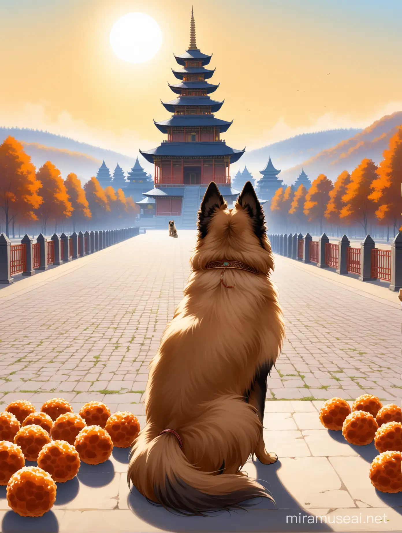 A  Belgian Tervuren dog looks at a temple in the distance. the temple is surrounded by meatballs