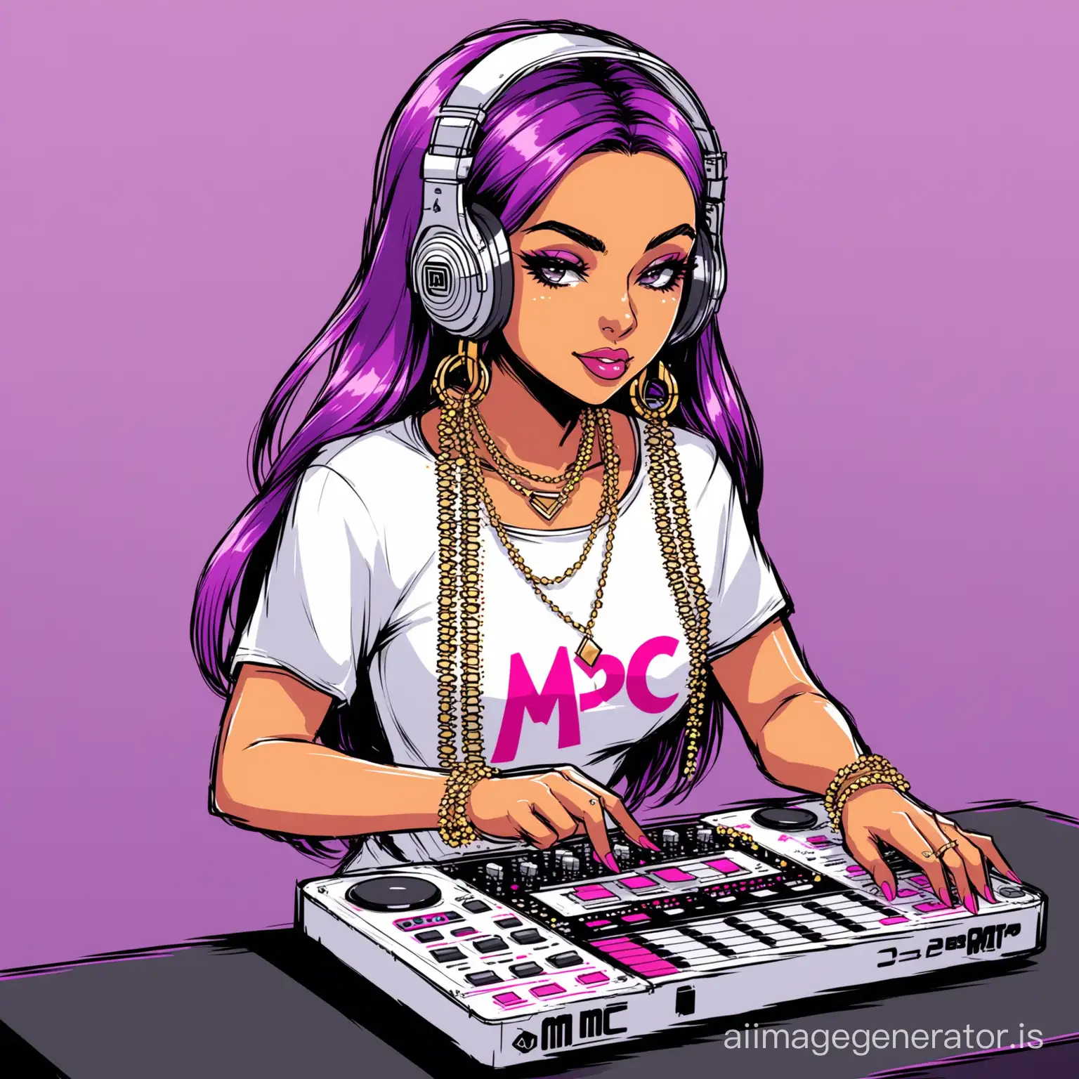 CARTOON PRETTY WOMAN MAKING BEATS WITH A MPC BEAT MACHINE WEARING A DIAMOND CHAIN