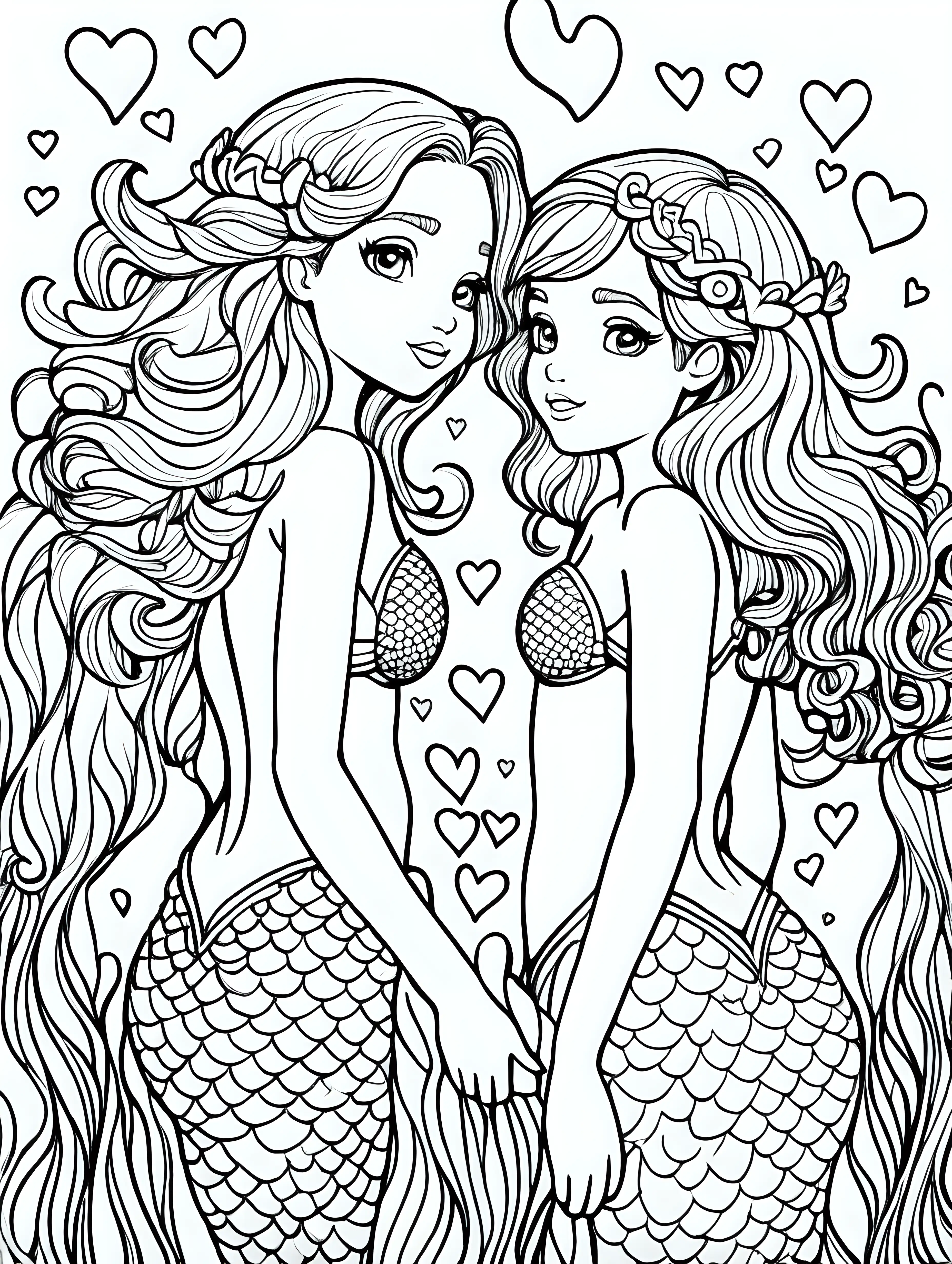 Adorable Mermaids Coloring Page with Heart Surroundings
