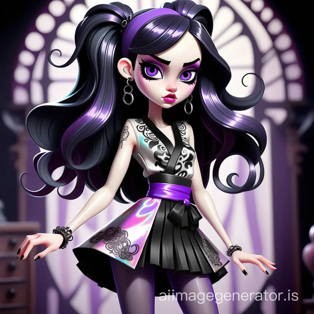 Ever after high series drawing style. Cute Spaniard teen girl. Pale skin. Black straight hair. Lower scleral show small violet eyes. Cold hard gaze. Silk black iridescent holographic gothic rock punky short mix kimono dress, tights and heels. Fighting with Excalibur. Proportioned complete body, small waist, head, neck, legs, feet. Extremely detailed skin, eyes, hair, hair locks, lips, body, clothes, fabrics, textures, shoes, colours, shadows and lights. SDXL.