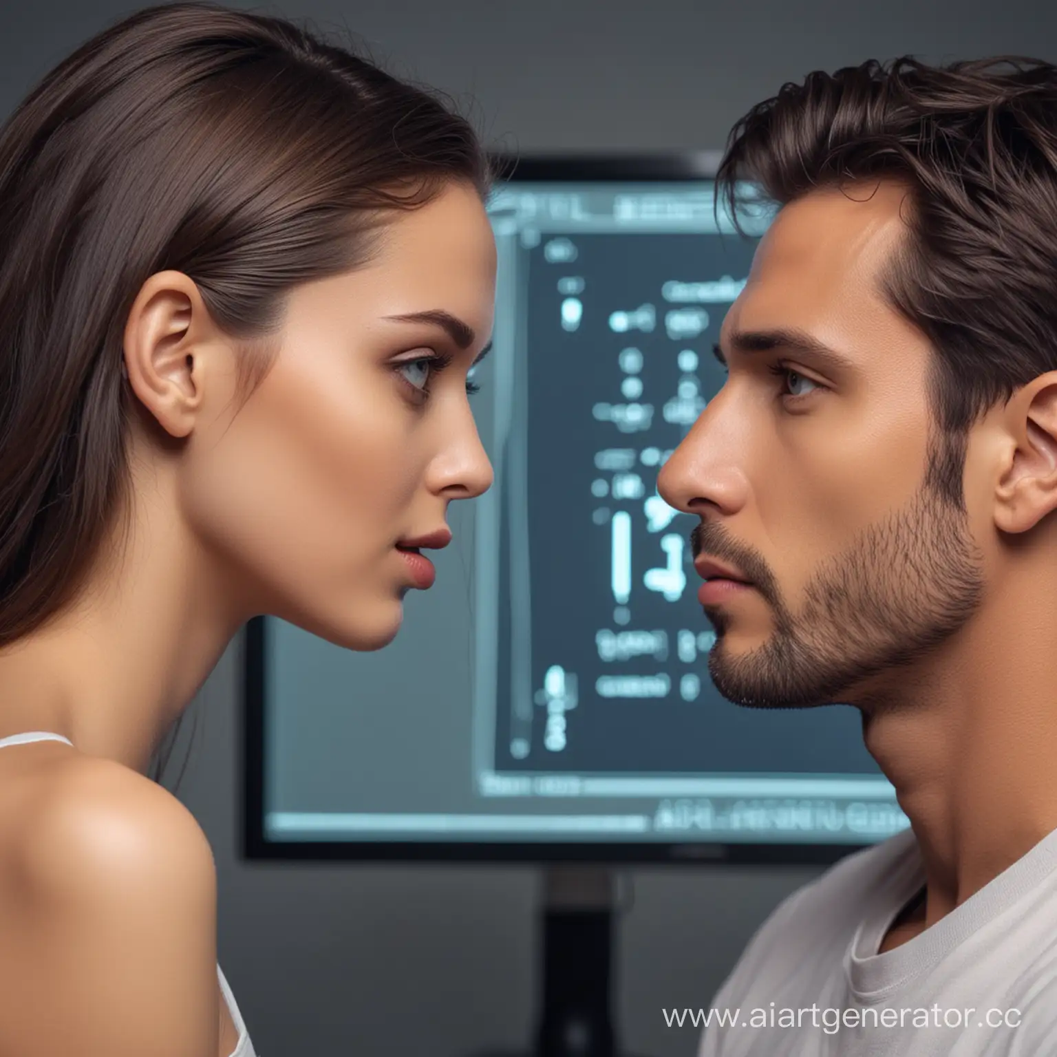 Девушка порожденная искусственным интеллектом соблазняет красивого мужчину из монитора компьютера