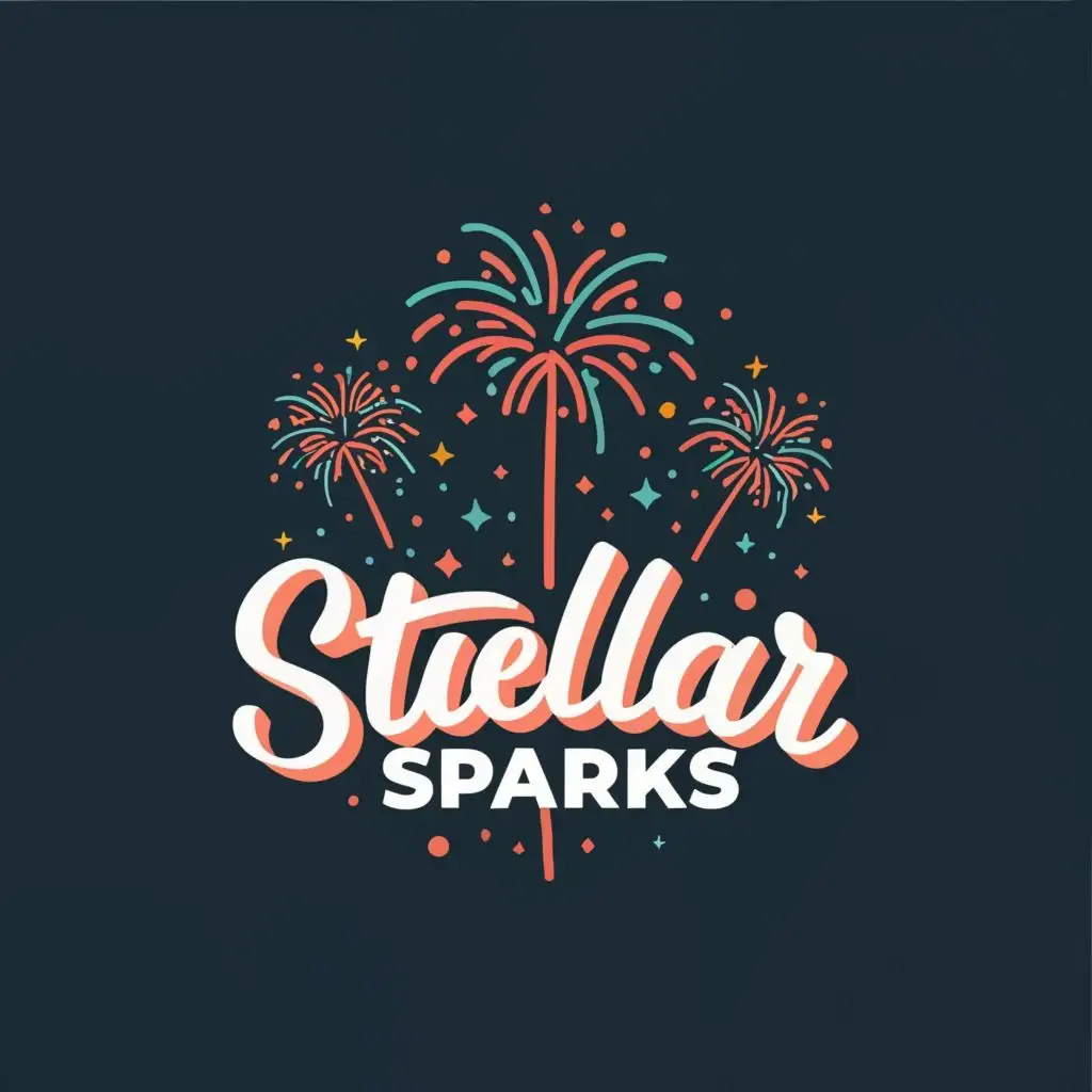 logo, fireworks, palm trees, with the text "stellar sparks", typography, be used in Internet industry