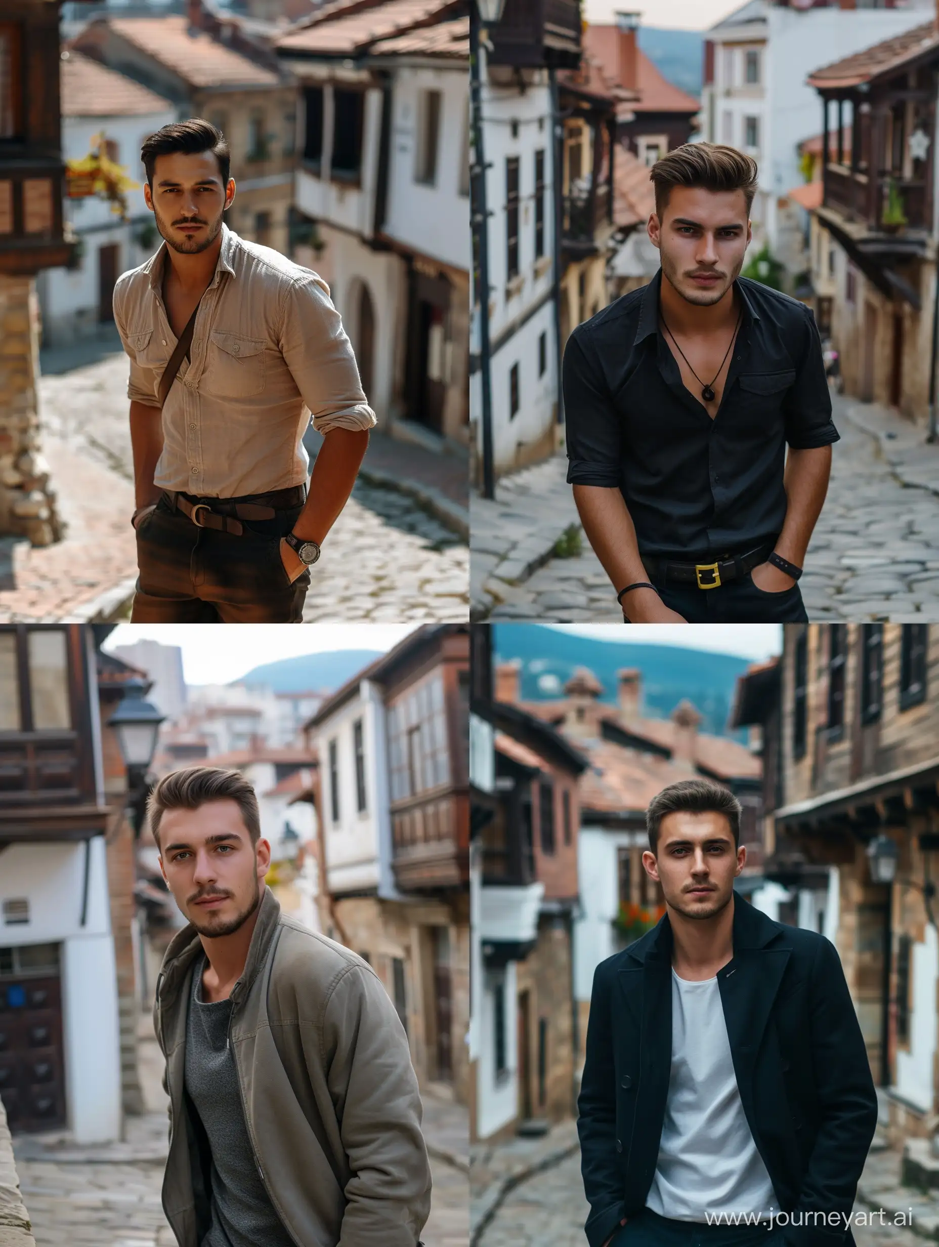High-resolution, bulgarischer Mann jung hübsch in der Altstadt plowdiv, 4k realistisch