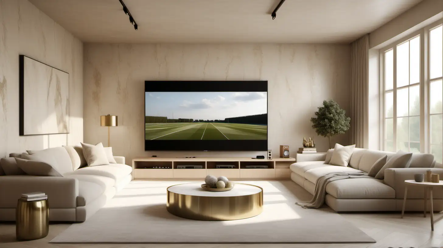 a hyperrealistic image of a classic contemporary large home minimalist hotel-style kids video-gaming room with a large wall-mounted tv, a sofa, gaming consoles; limewash walls in Bauwerk Bone; blonde oak;  brass; Large Window;