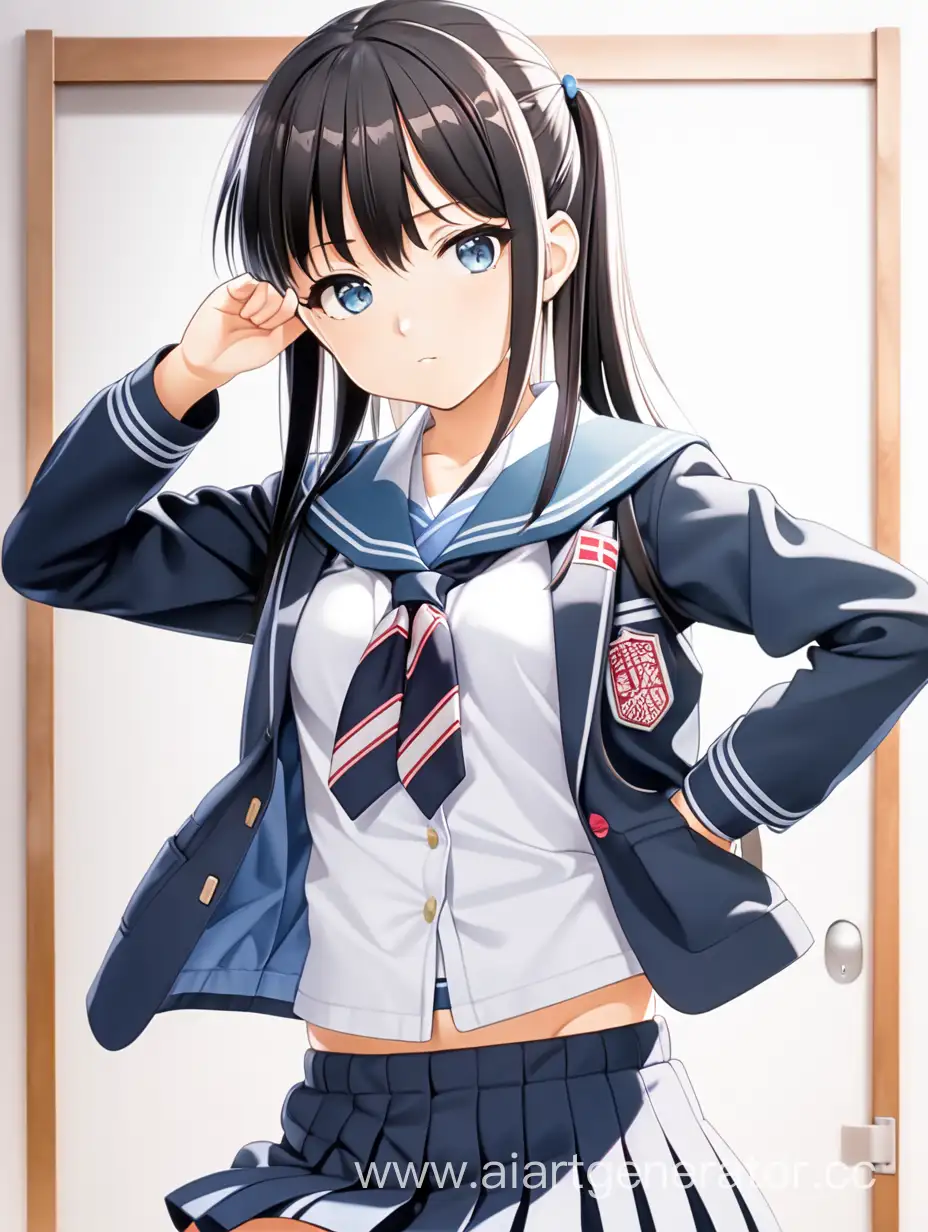 A Japanese anime girl in a midriff-baring school uniform