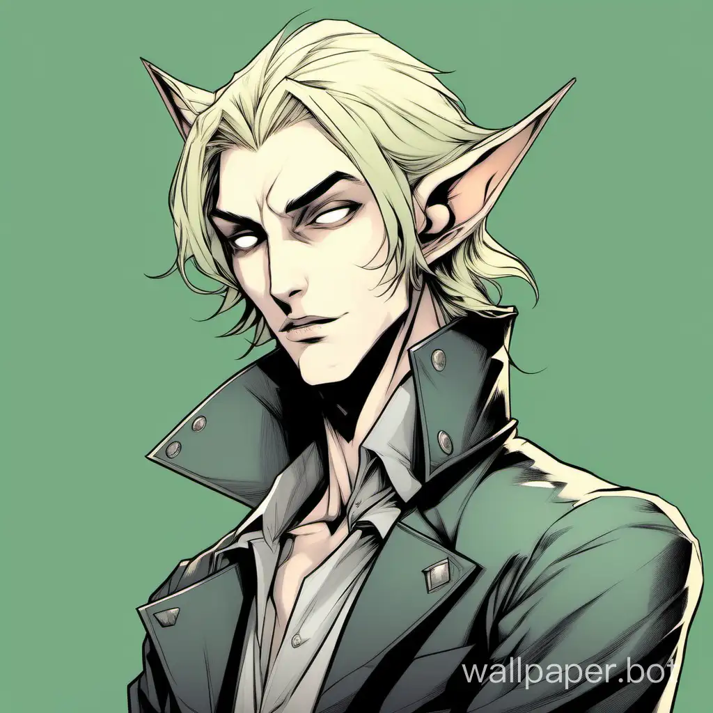 villain-coded, vampire man, tall, slender, androgynous, ash blond hair, hair length down to chin jaw, elf-like, cat-ears-hood, tech wear, sadist, pale green-grey eyes, half-closed eyes, defined under eyes, angular arched high eyebrows, high browbone, sleek cheekbones, pale skin, pale lips, long angular face, pronounced frontal process of maxilla, mechanist, mechanic, inventor, engineer, pointed ears, smooth chin, long sharp straight nose, young adult, modern, grunge, charming, naughty, looking at cellphone, lithe