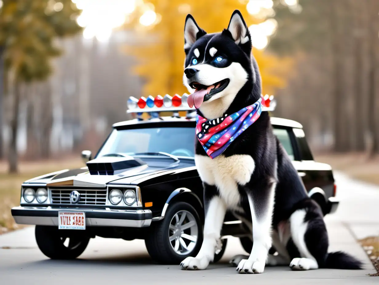 an unrealistically gigantic black husky dog sitting by a small 12V kids car. beautiful eyes. spiked dog collar. wearing a transgender pride bandana/scarf on its collar. similar size to clifford the dog. very muscular build. very intricately and microscopically detailed. emphasizing the muscular build of the dog. highlighting the giant size of the dog and the small car. emphasizing the size difference. The key accessory is the husky. ferociously snarling