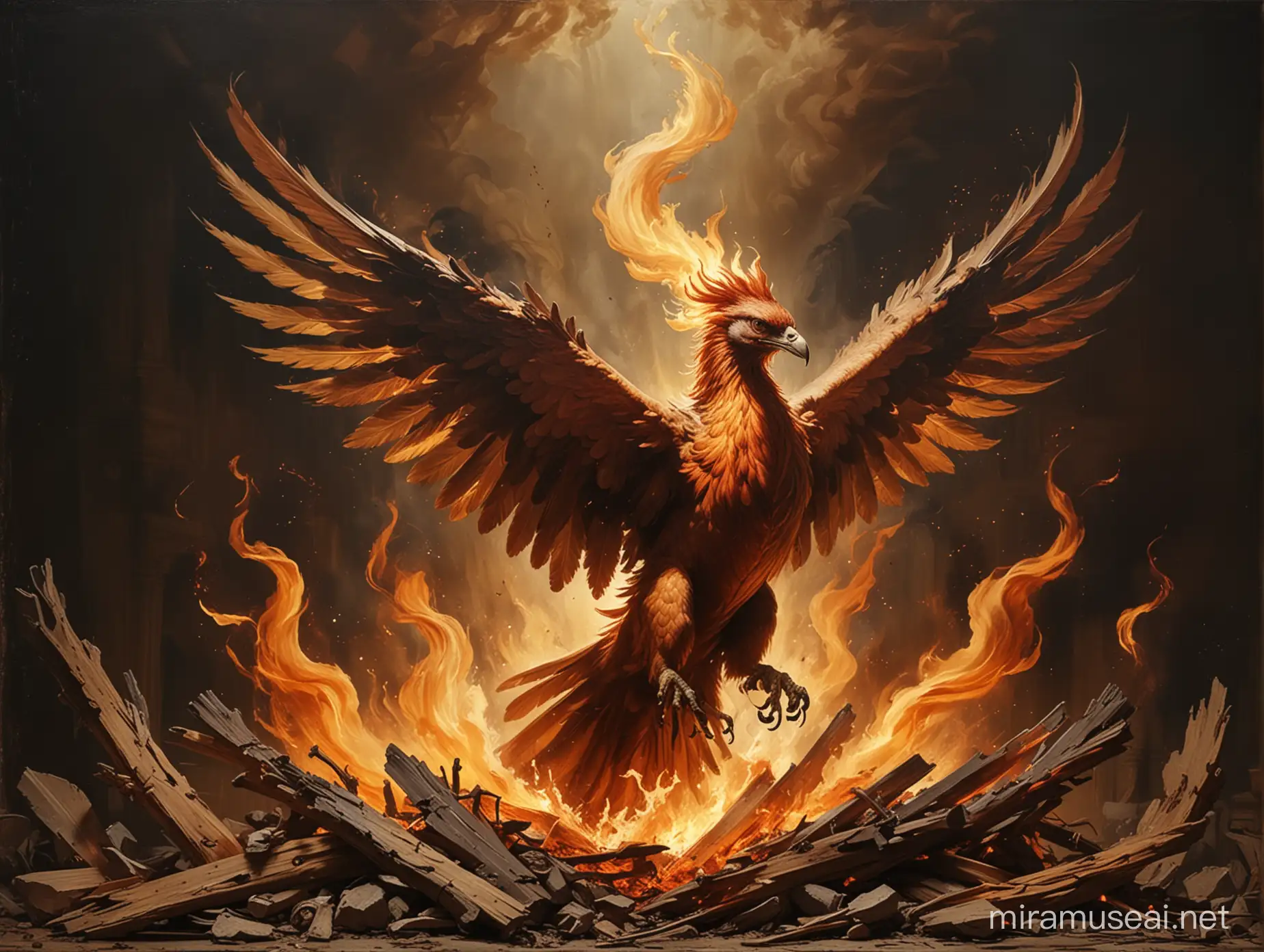 Make a picture of a Phoenix rising from the ashes in the style of the 1600 century painter Caravaggio