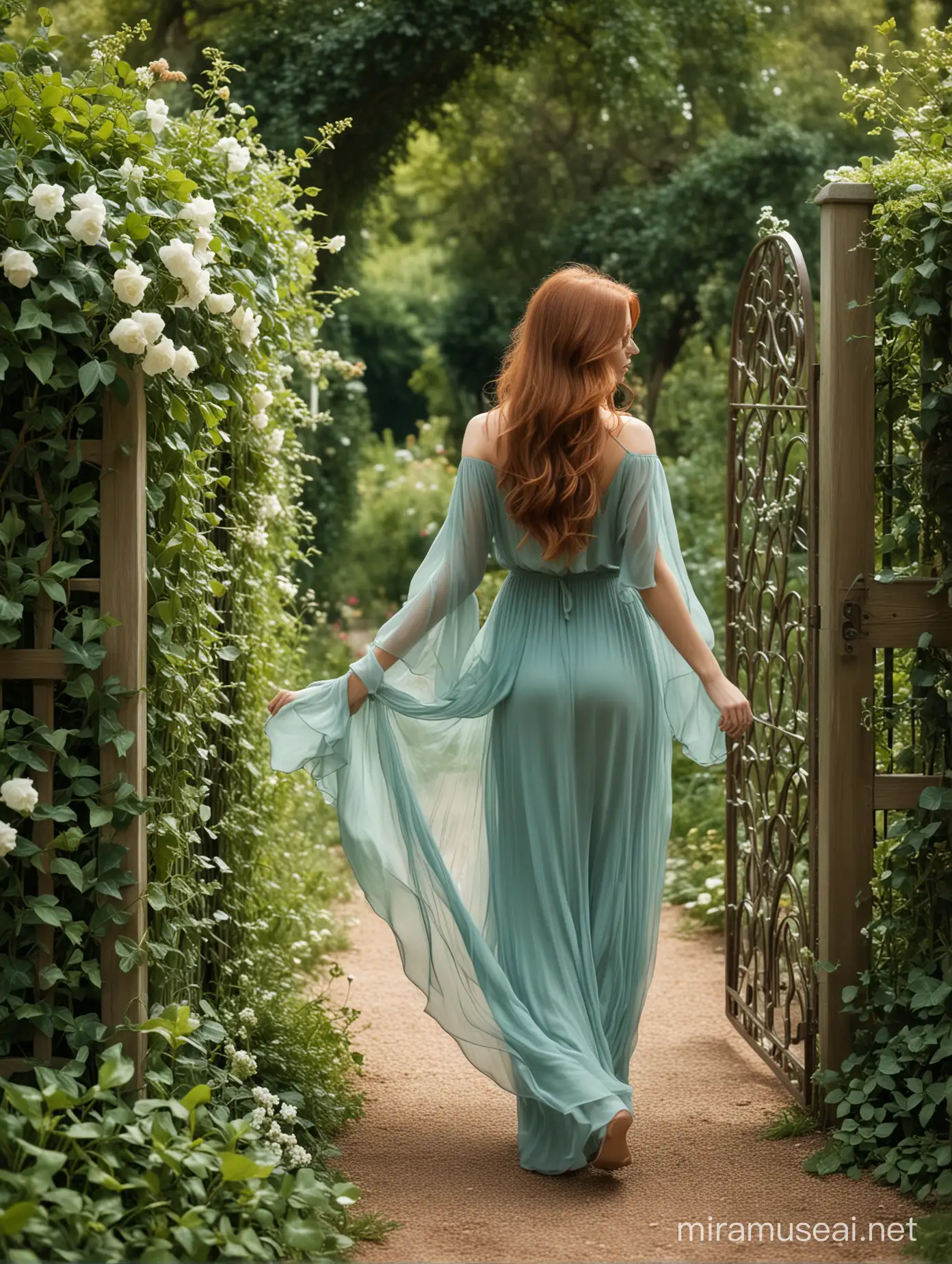 a side view of a young beautiful woman with flowing auburn hair wearing a pale teal chiffon layered flowing long dress, walking through a garden gate into a lush secret garden, with ivy, tall flowers, green trees, wild birds, muted tones