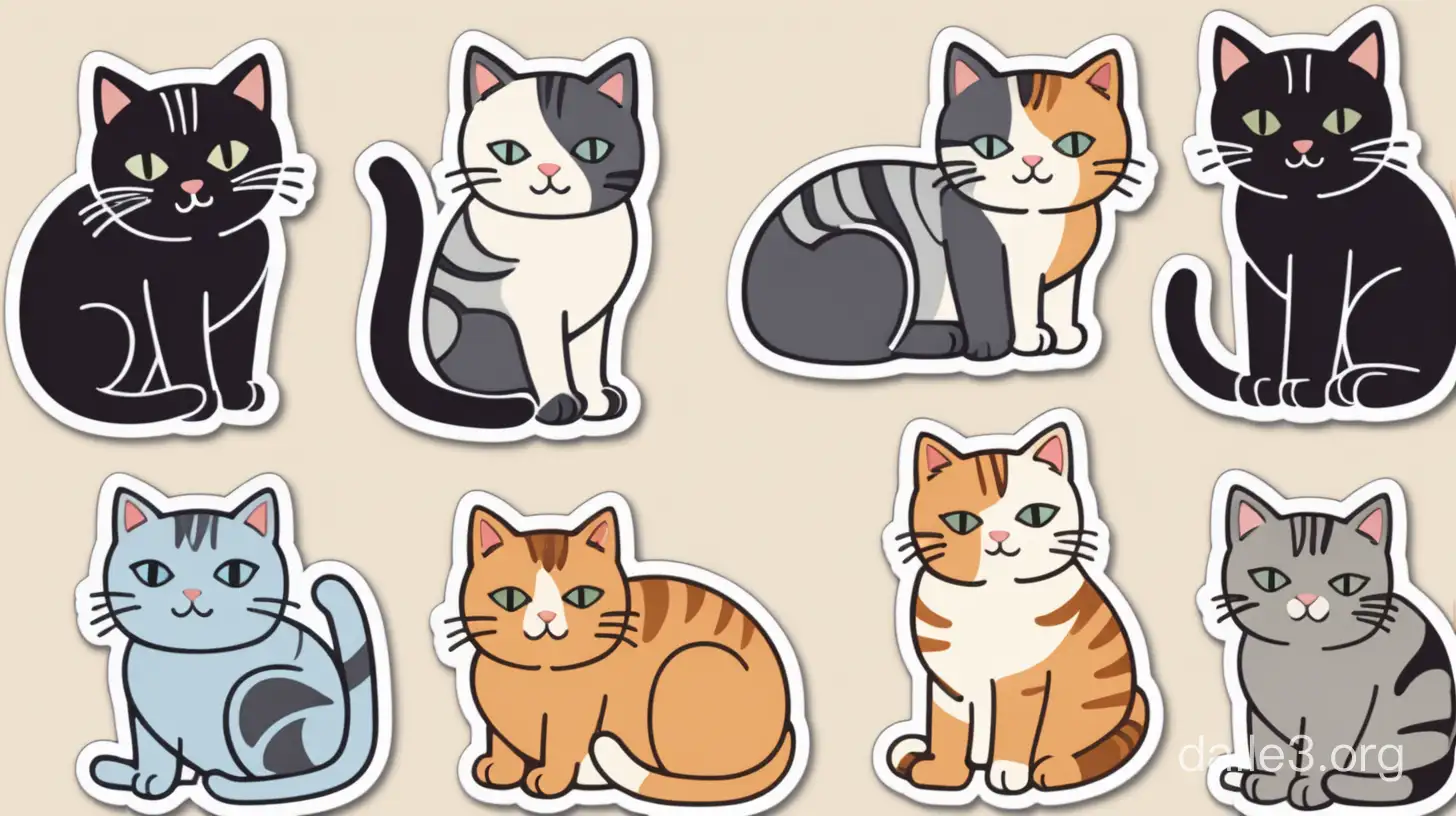 "Generate a sticker design featuring various cats, each accompanied by their corresponding names written in elegant typography."