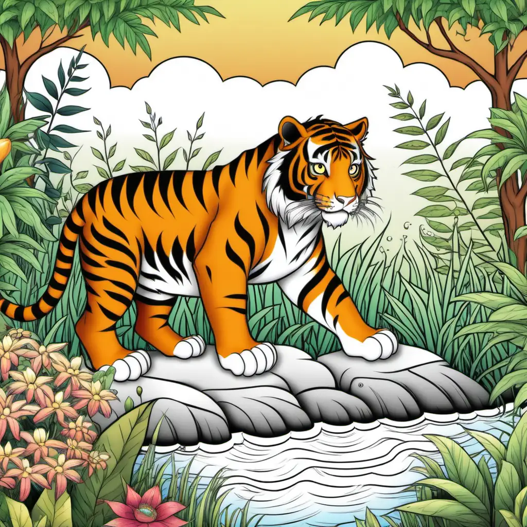 Tiger in Garden of Eden Coloring Book Cover Page
