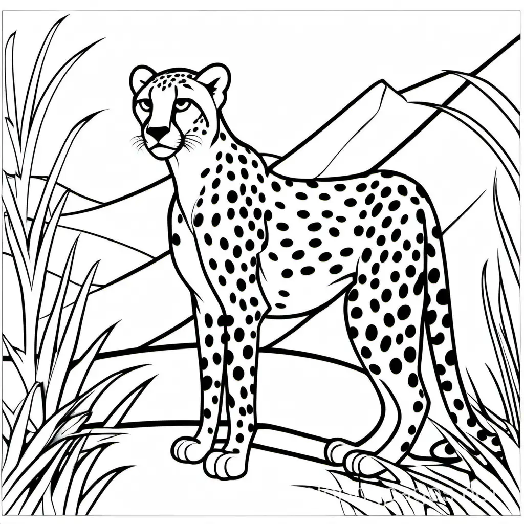cheetah , Coloring Page, black and white, line art, white background, Simplicity, Ample White Space. The background of the coloring page is plain white to make it easy for young children to color within the lines. The outlines of all the subjects are easy to distinguish, making it simple for kids to color without too much difficulty 