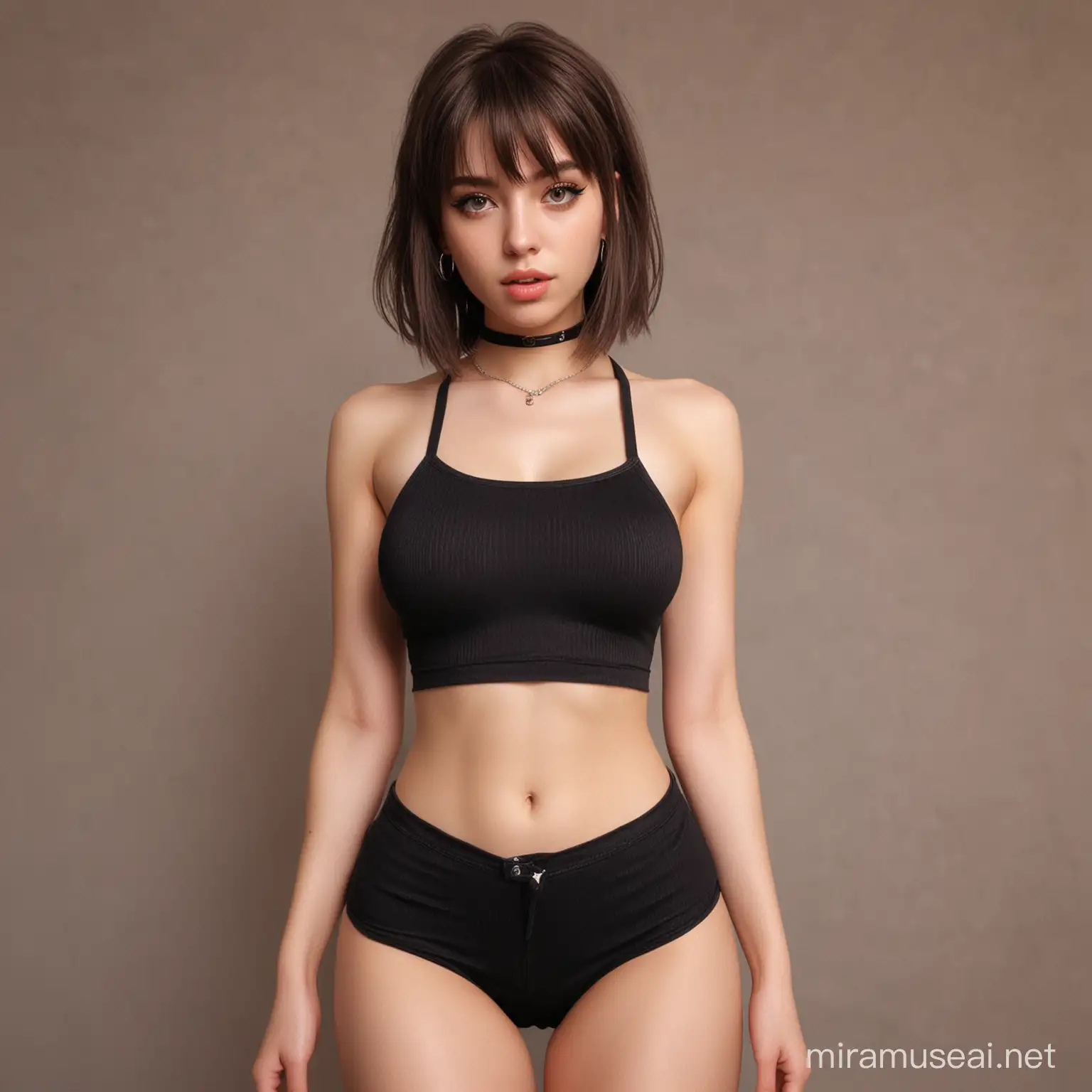 make a complete body pic, sexy and charming model, no erorrors, no duplicate. e-girl, style, ghotic thot oufit, thong, hot, stable, no blur. full body, hd, stablediffusion, high resolution, the girl has a face whit a bangs hair cut, no deformations, 8k, gorgeous outfit, definited face, proportions, charming vibes, real hair, no low definition, no imperfections, realistic body and face, piercing, sultry, tart, lass, real skin texture, full body, gorgeous dettails, cute crop top, proportions, aesthetic outfit, e-girl style makup, definted acessory, no deformations, realistic proportions, no deformed acessory, no low quality acessory, realistic hair, full body, beautyful, realistic locations background, realistic girl, realistic fabric, 