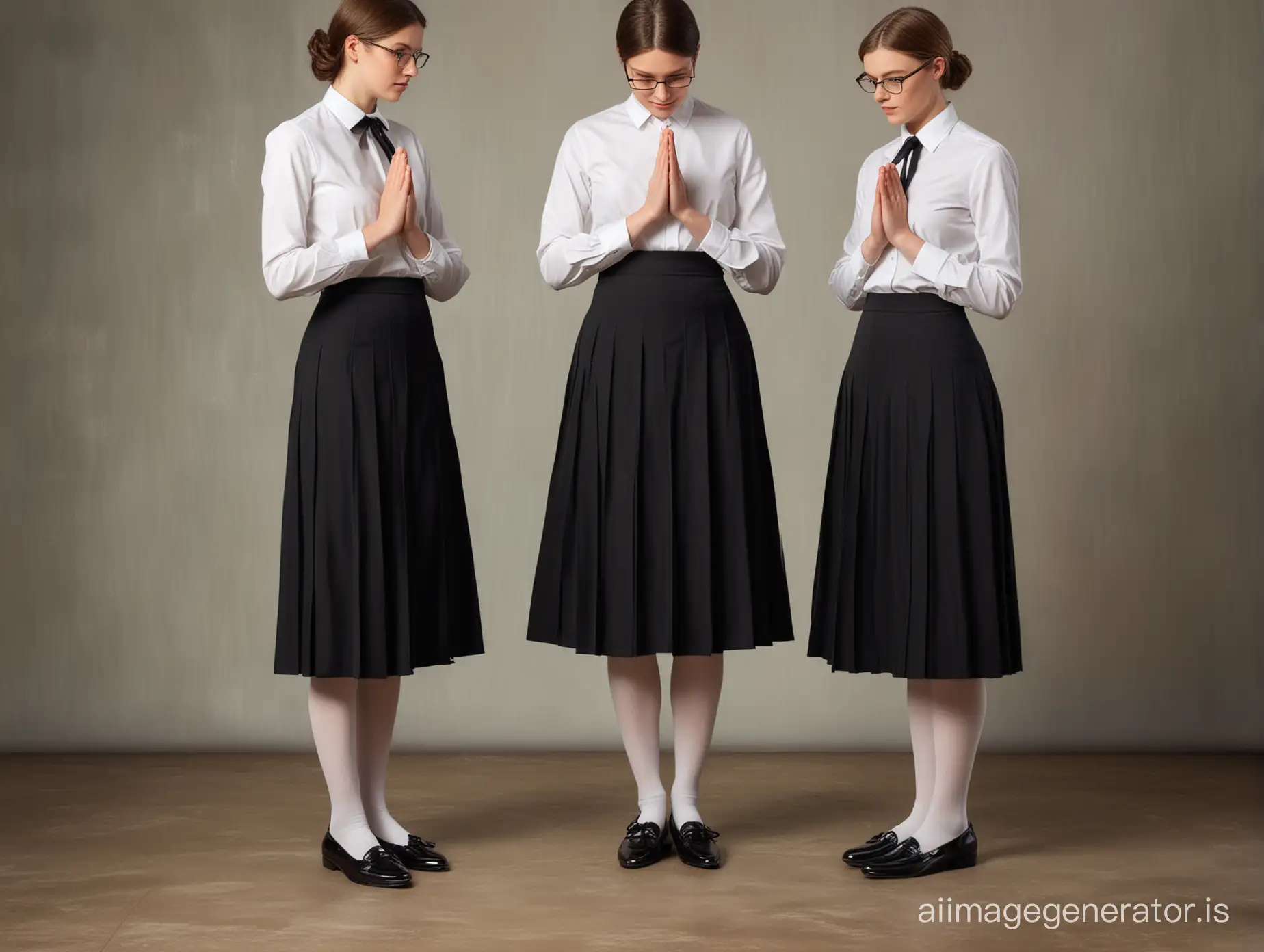 Realistic photo of two catholic postulants with folded hands as if in prayer with short hair and glasses dressed in a black long pleated skirt that covers her knees and a white blouse and black tie and white tights and black mary jane flat shoes