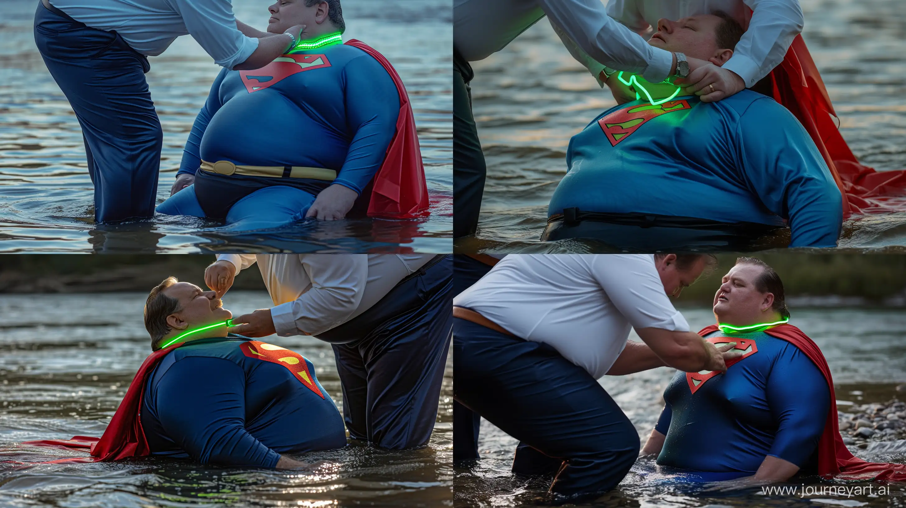 Close-up photo of a fat man wearing silk navy business pants and a white shirt. Bending and putting a tight green glowing neon dog collar on the nape of a fat man aged 60 wearing a tight blue superman costume with a red cape sitting in the water. River. --style raw --ar 16:9
