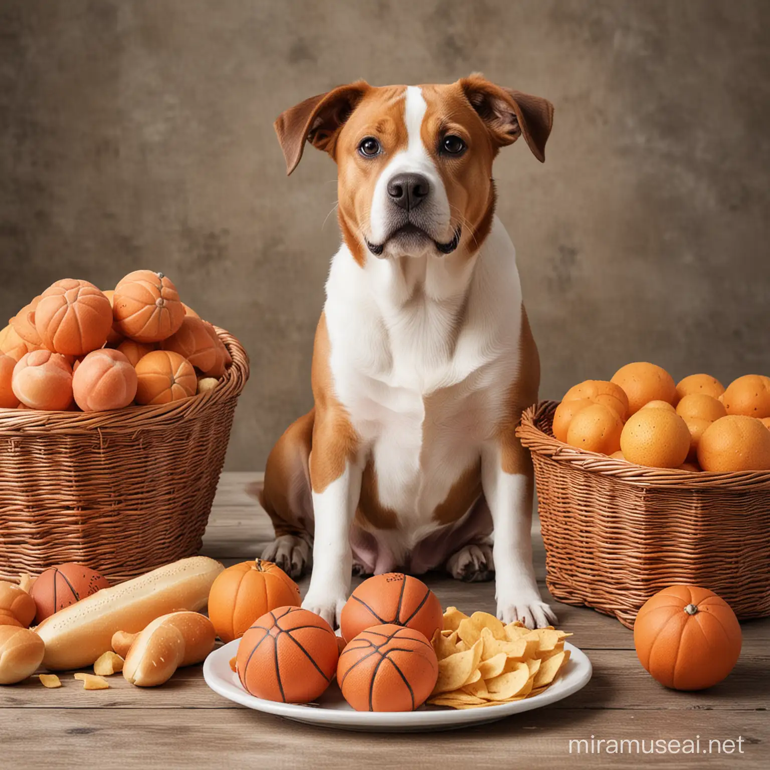 CREATE A PIC WITH BASKET BALL, FOOD AND DOG