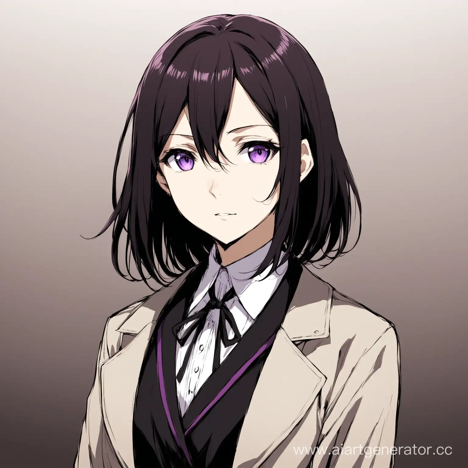 Anime (Bungou Stray Dogs) girl with straight black shoulder-length hair and purple eyes.
