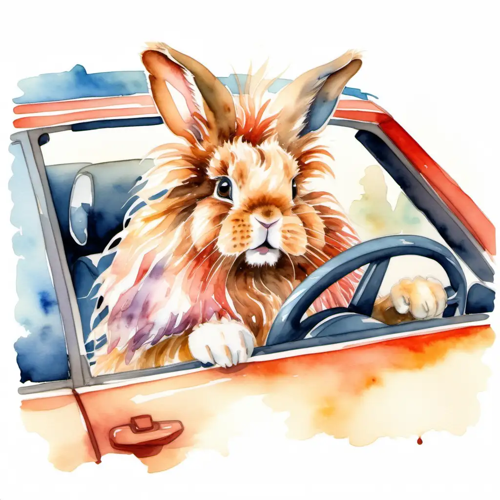 Whimsical Watercolor Illustration of a Fluffy Lionhead Rabbit Driving a Car