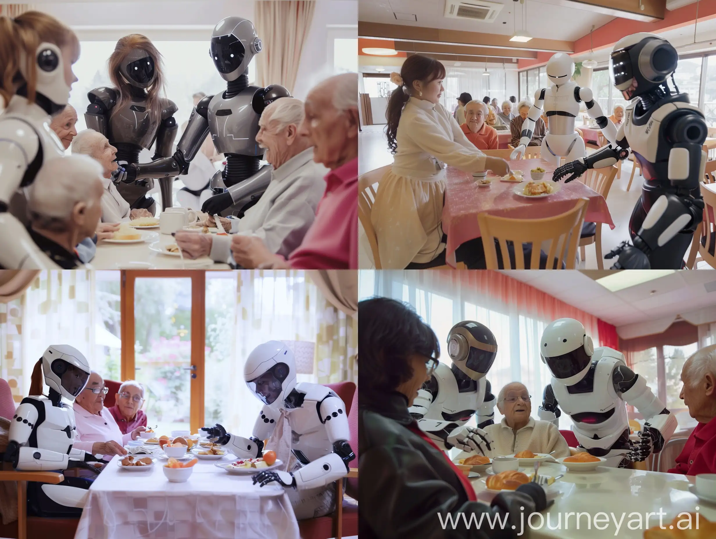 Some girl and young-man like robots in a clean and modern nursing home help with some happy old people for their lunch.