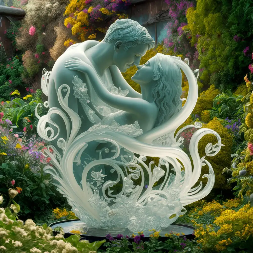 Naked Loving Couple Statue in Glass amid Flourishing Garden